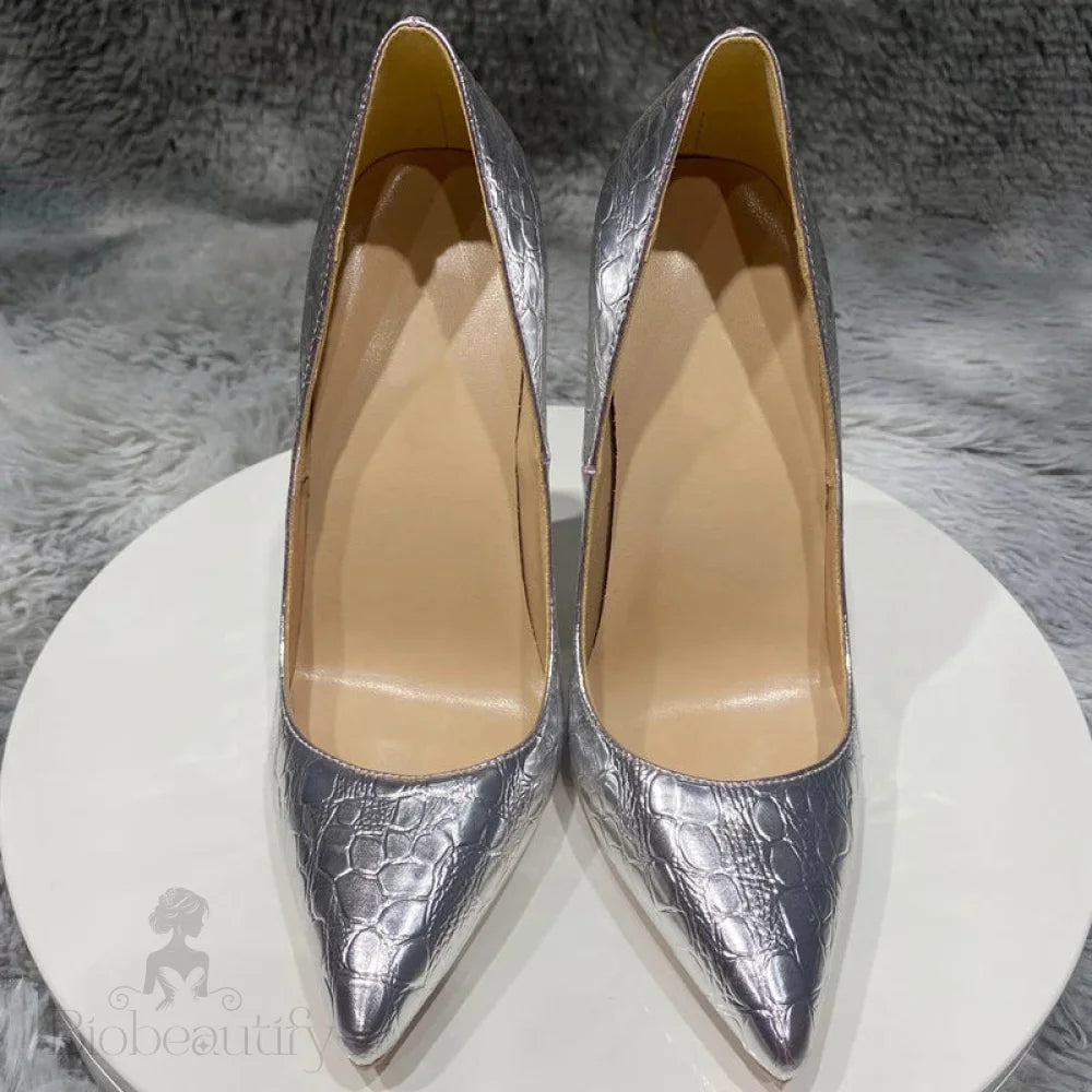 Silver Crocodile-Effect Women Sexy Pumps In 8Cm 10Cm And 12Cm Pointed Toe High Heels