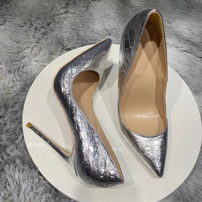 Silver Crocodile-Effect Women Sexy Pumps In 8Cm 10Cm And 12Cm Pointed Toe High Heels