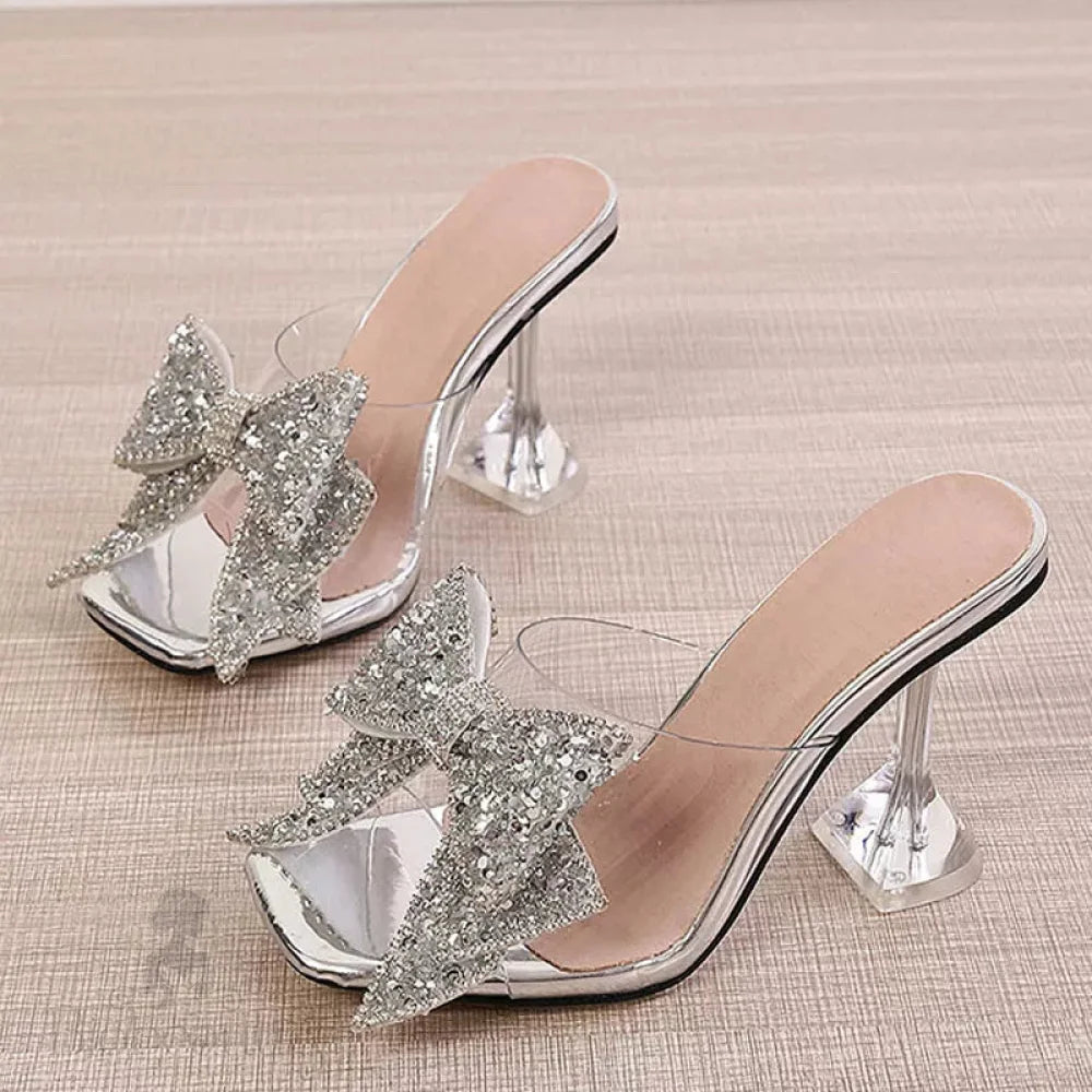 Silver Crystal Bowknot High Heel Transparent Slippers For Women Fashion