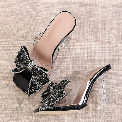 Silver Crystal Bowknot High Heel Transparent Slippers For Women Fashion