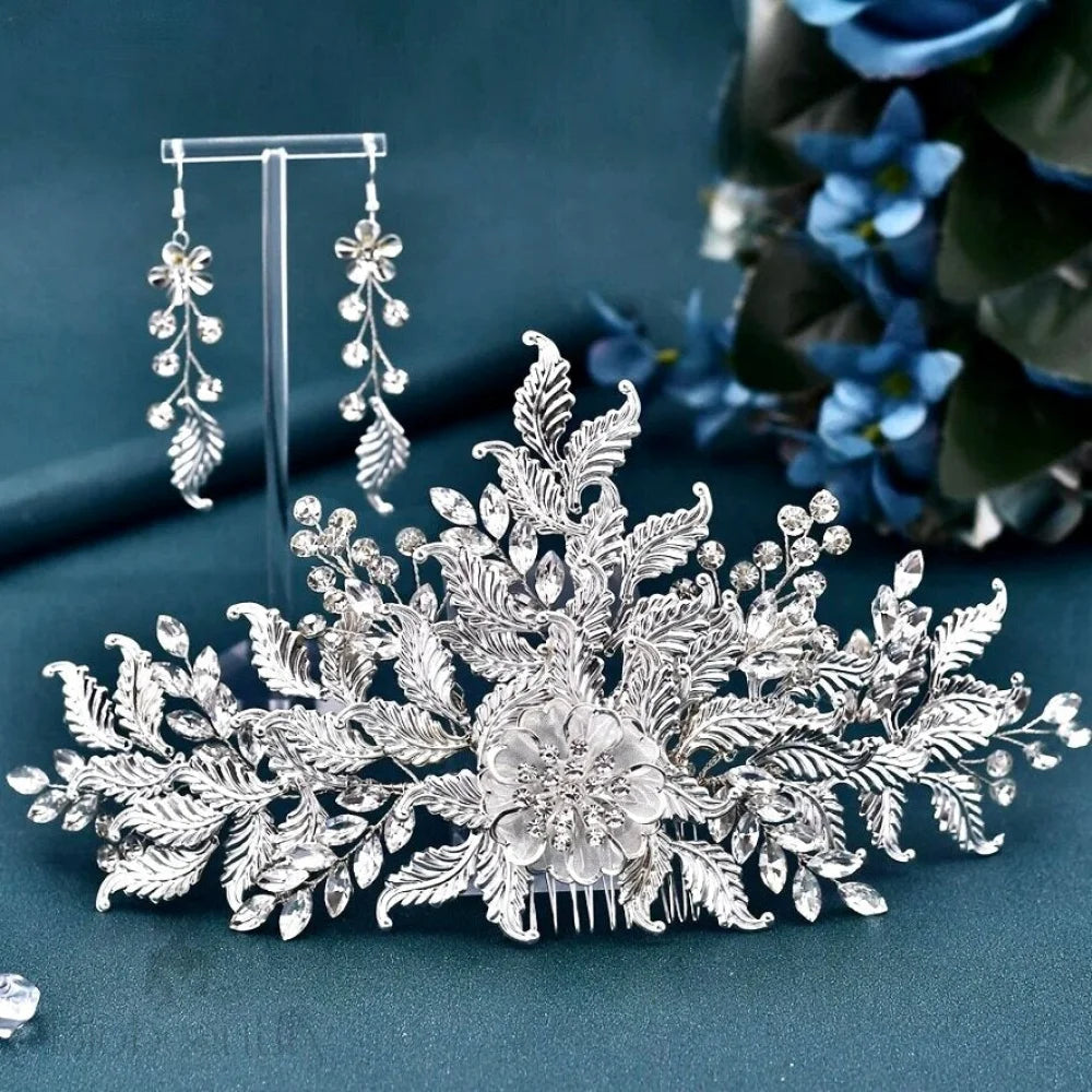 Silver Crystal Bridal Headdress And Earring Set - Berry