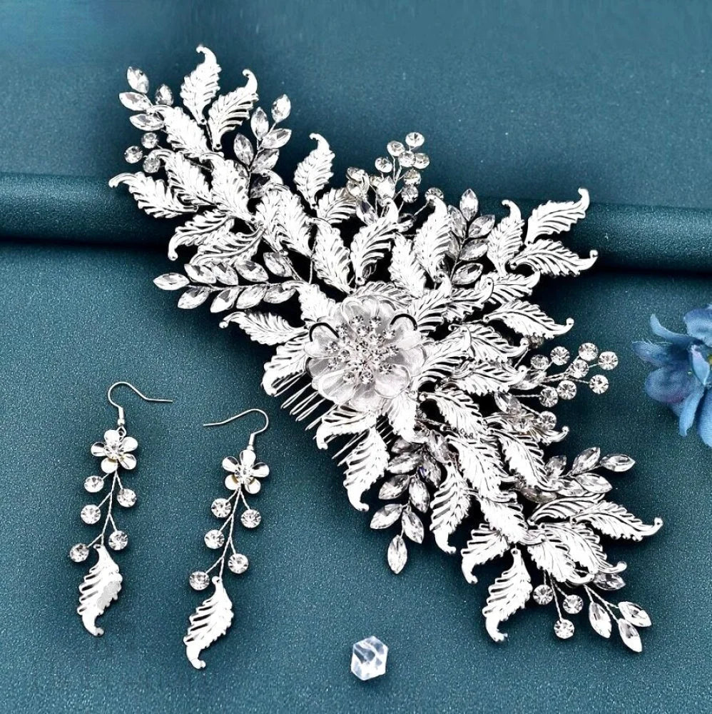 Silver Crystal Bridal Headdress And Earring Set - Berry