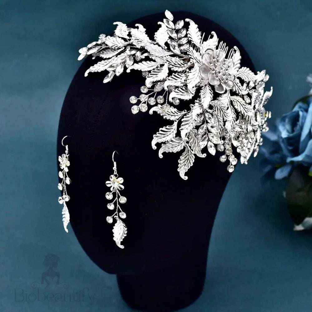 Silver Crystal Bridal Headdress And Earring Set - Berry