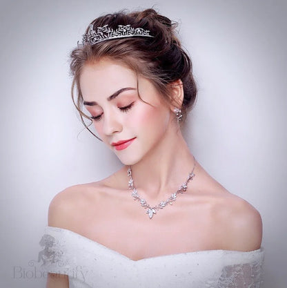 Silver Cubic Zirconia 3-Piece Bridal Jewelry Set With Tiara