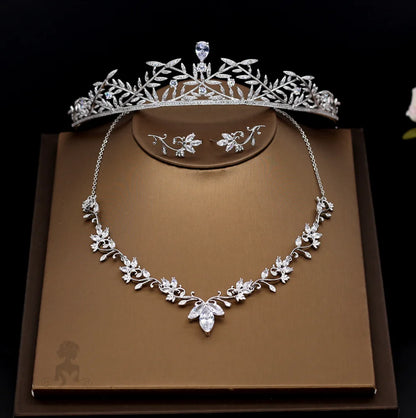 Silver Cubic Zirconia 3-Piece Bridal Jewelry Set With Tiara