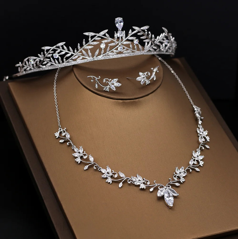 Wedding Jewelry and Accessories - Silver Cubic Zirconia Bridal 3-Piece Jewelry Set With Tiara