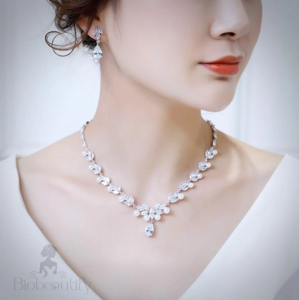 Silver Cubic Zirconia And Pearl 3-Piece Bridal Jewelry Set With Tiara - Irene