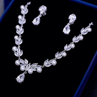 Silver Cubic Zirconia And Pearl 3-Piece Bridal Jewelry Set With Tiara - Irene