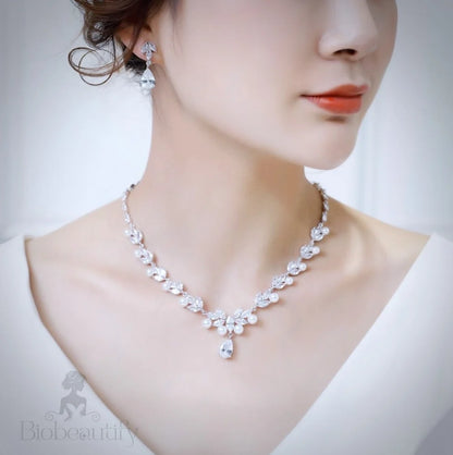 Silver Cubic Zirconia And Pearl 3-Piece Bridal Jewelry Set With Tiara - Irene