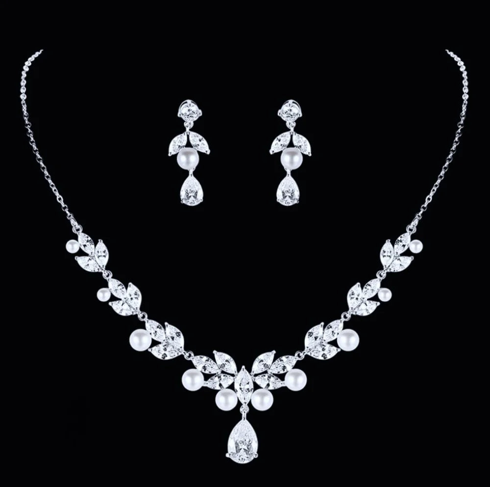 Silver Cubic Zirconia And Pearl 3-Piece Bridal Jewelry Set With Tiara - Irene