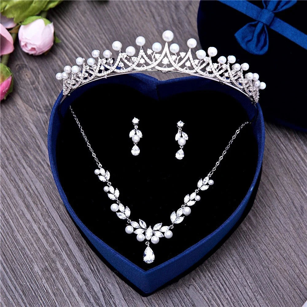 Silver Cubic Zirconia and Pearl 3-Piece Bridal Jewelry Set With Tiara