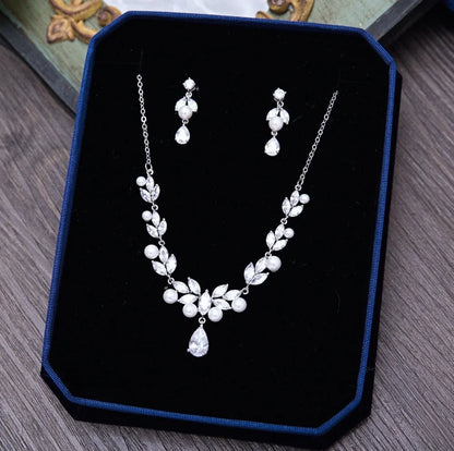 Silver Cubic Zirconia and Pearl 3-Piece Bridal Jewelry Set With Tiara