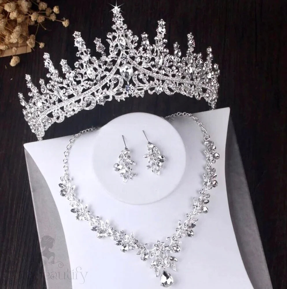 Wedding Jewelry and Accessories - Silver Cubic Zirconia 3-Piece Bridal Jewelry Set With Tiara