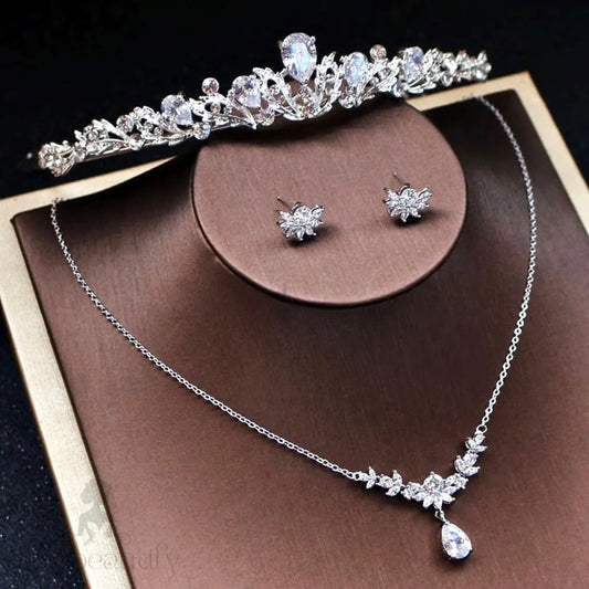 Wedding Jewelry and Accessories - Silver Cubic Zirconia 3-Piece Bridal Jewelry Set With Tiara