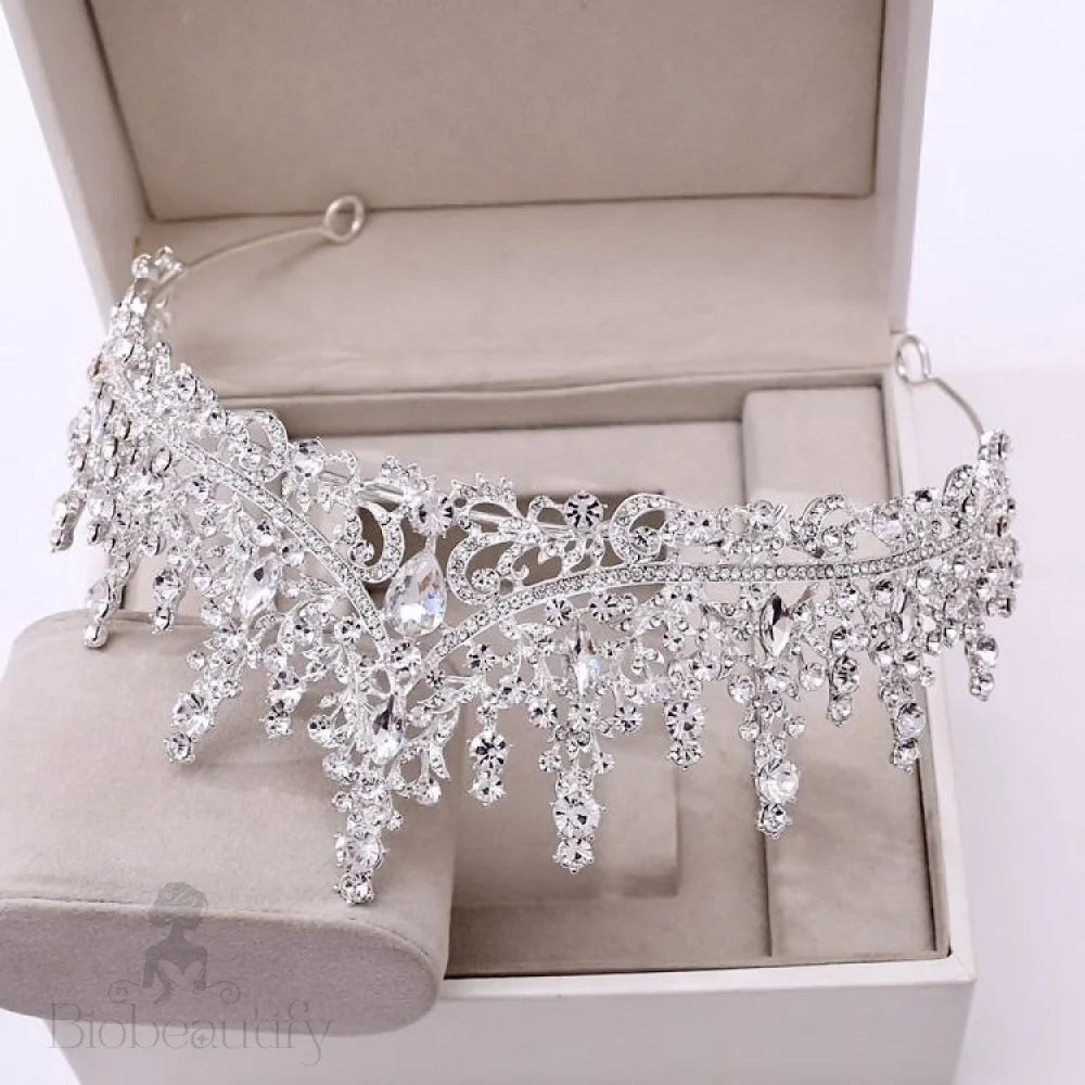 Silver Cubic Zirconia Bridal Jewelry Set With Tiara - Rosamund 3 Pieces