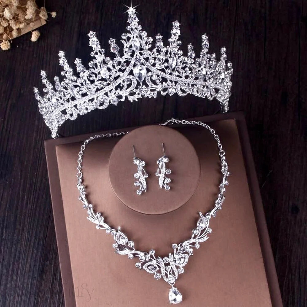 Silver Cubic Zirconia Bridal Jewelry Set With Tiara - Rosamund 3 Pieces