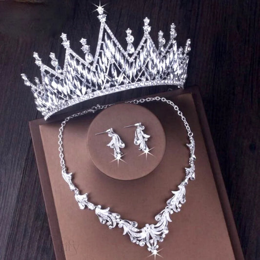 Wedding Jewelry and Accessories - Silver Cubic Zirconia 3-Piece Bridal Jewelry Set With Tiara