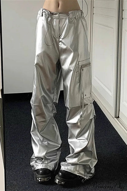 Silver Cuffed High Waist Cargo Pants White / S