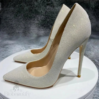 Silver Designer Pointed Toe High Heels Bling Wedding Bridal Shoes