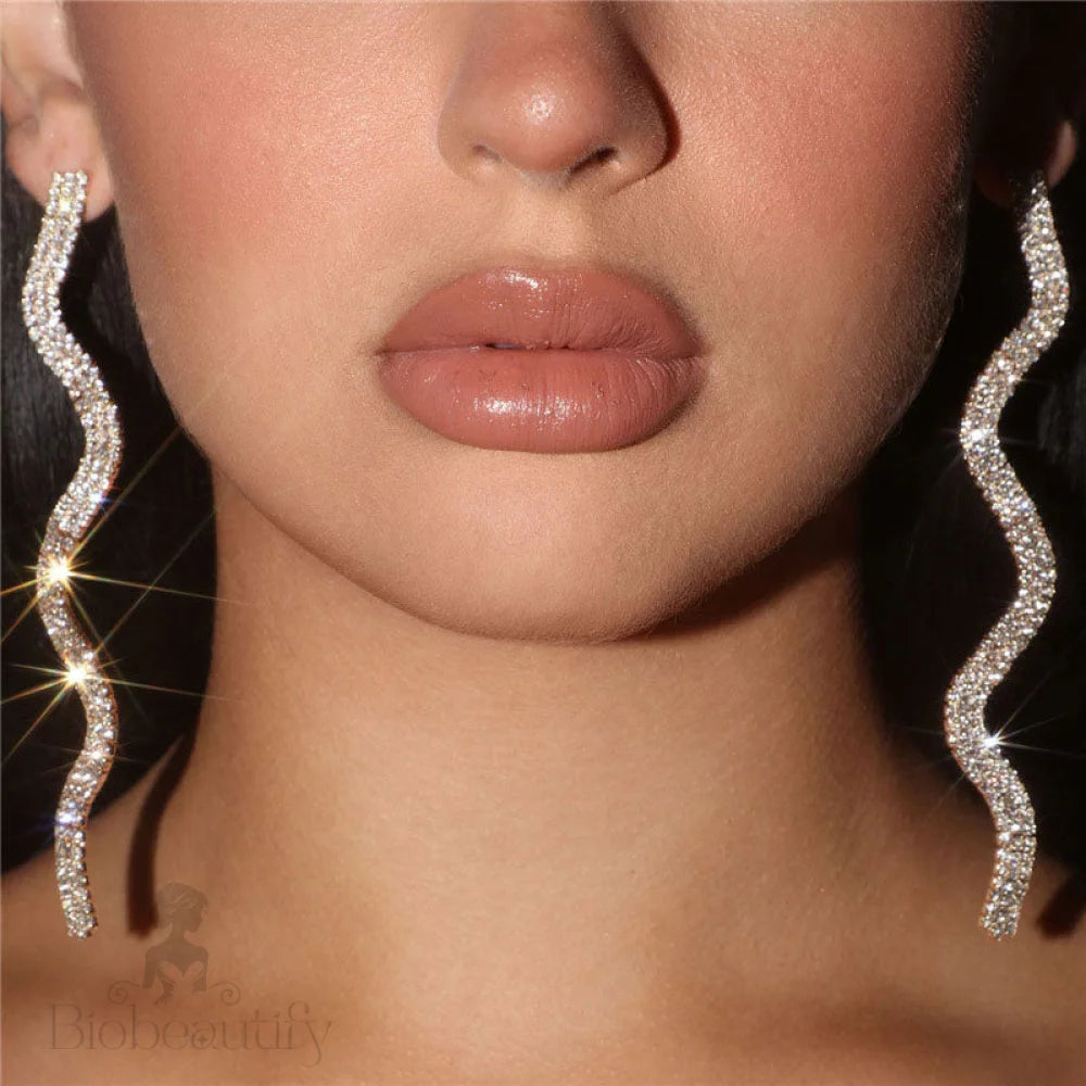 Silver Long Drop Earrings With Sparkly Wavy Rhinestone Embellishments