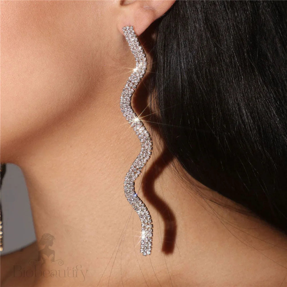 Silver Long Drop Earrings With Sparkly Wavy Rhinestone Embellishments