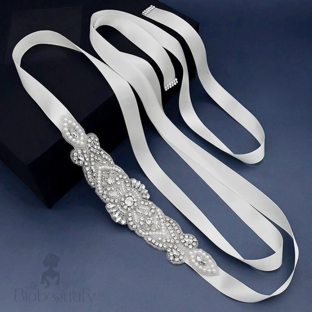 Silver Pearl Wedding Sash Belt Crystal