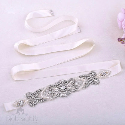 Silver Pearl Wedding Sash Belt Crystal