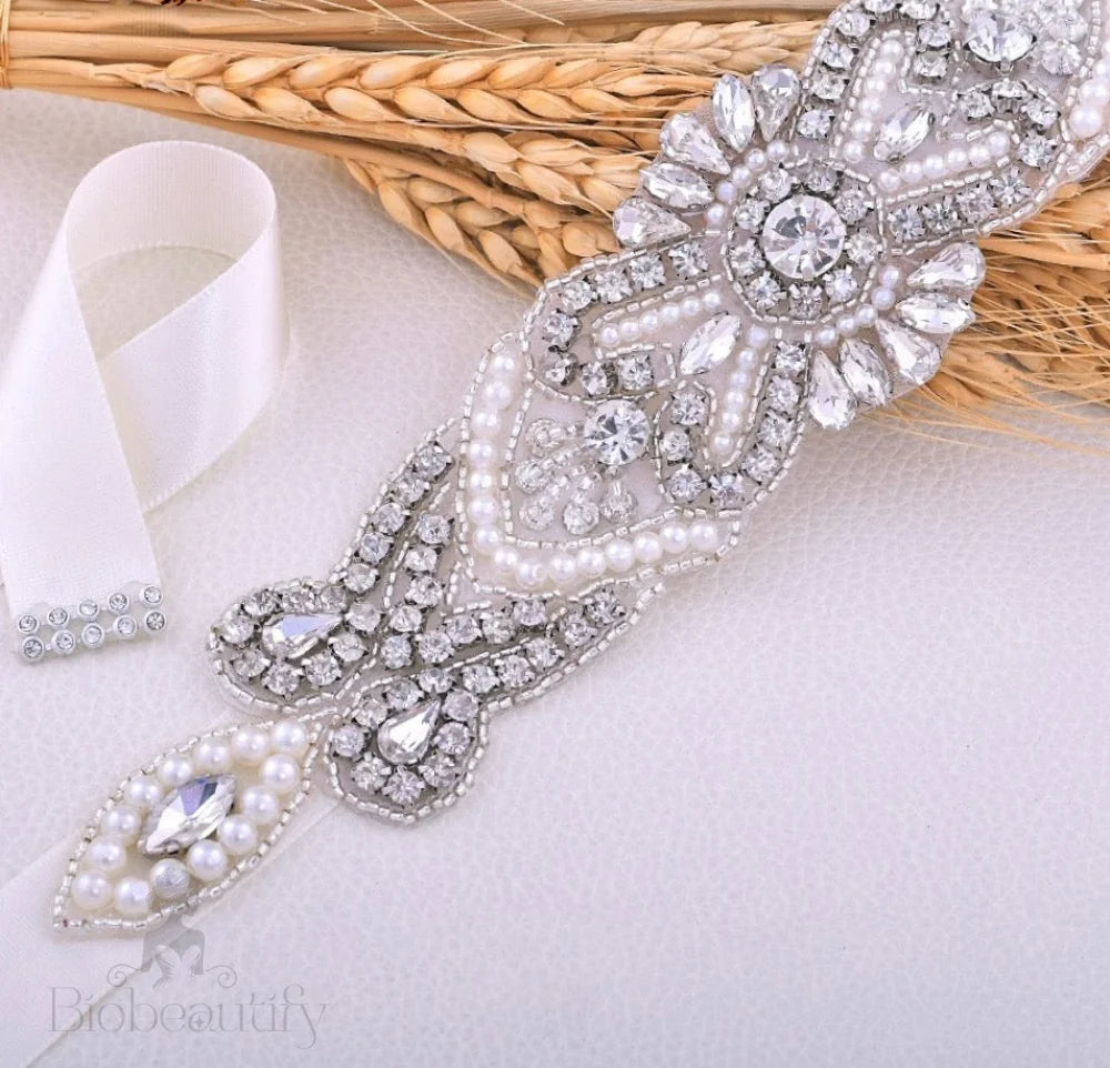 Silver Pearl Wedding Sash Belt Crystal