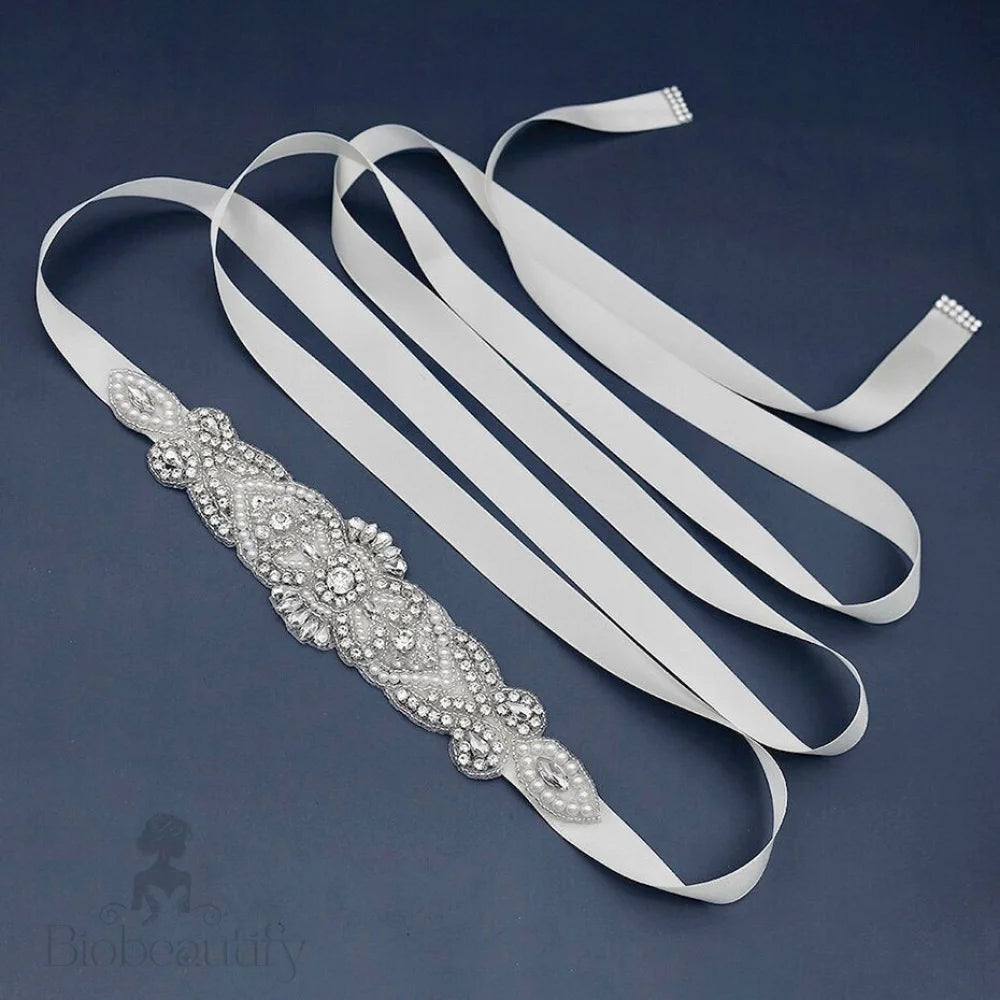 Silver Pearl Wedding Sash Belt Crystal