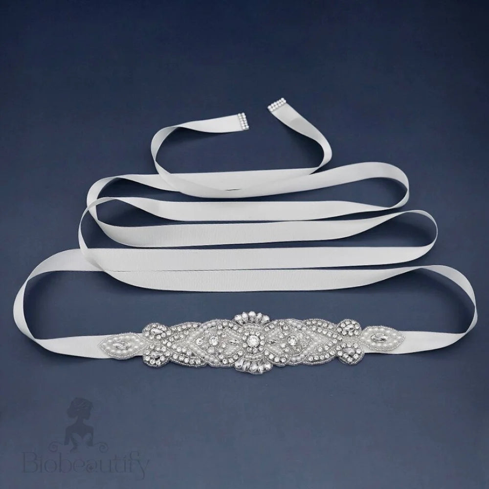 Silver Pearl Wedding Sash Belt Crystal