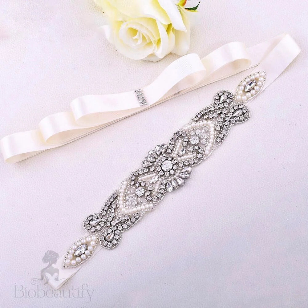 Wedding Accessories - Wedding Silver Crystal and Pearls Belt/Sash