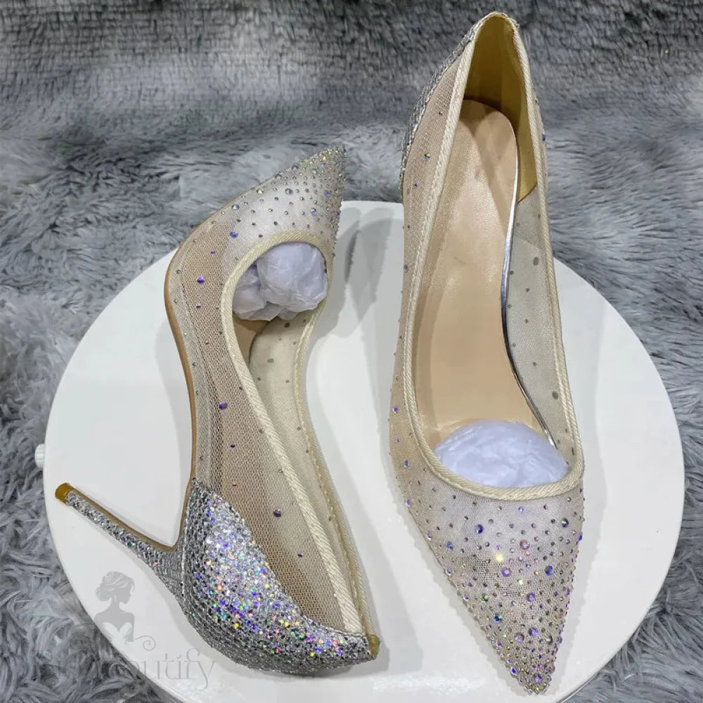 Silver Rhinestone Gauze Pointy Toe High Heel Wedding Party Bridal Shoes