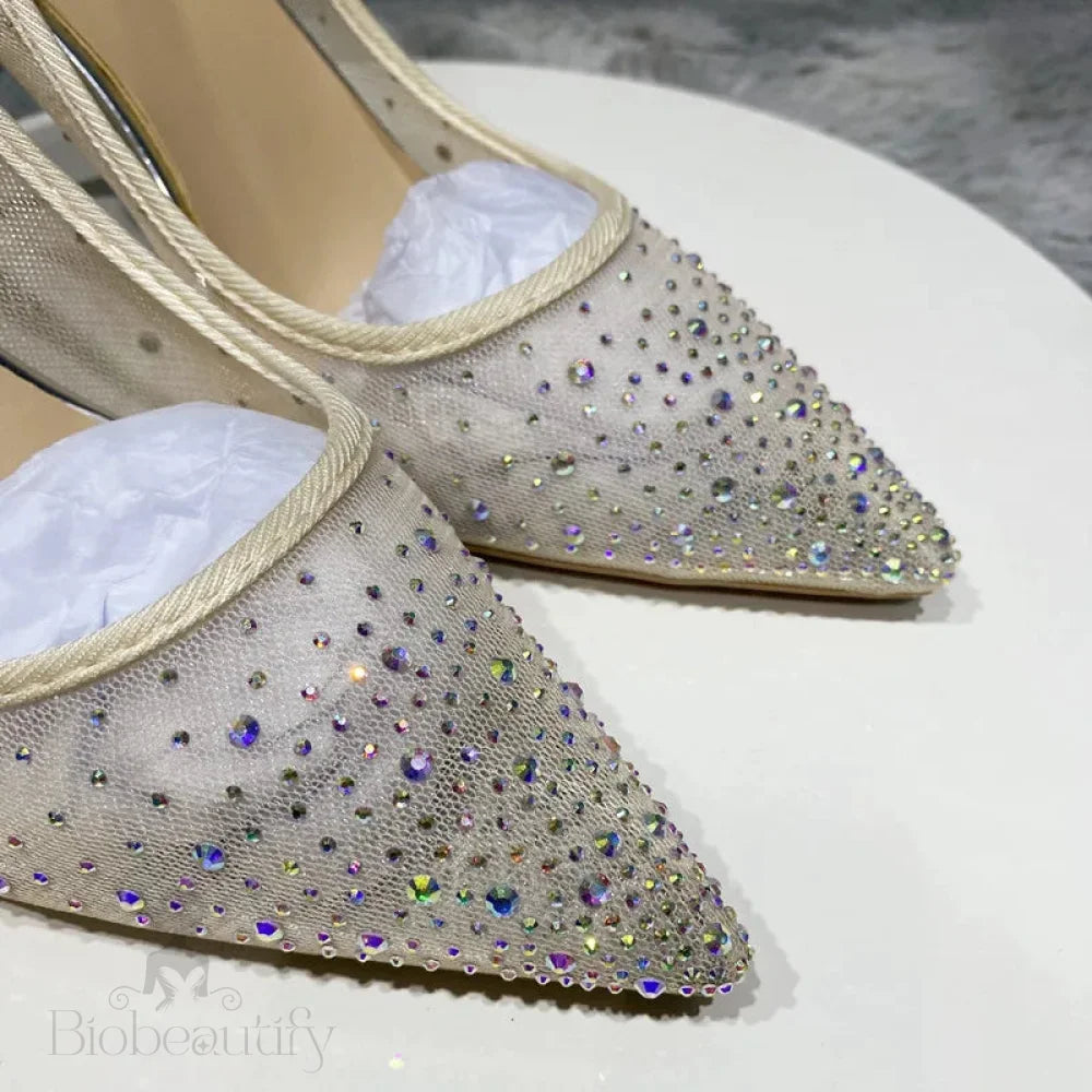 Silver Rhinestone Gauze Pointy Toe High Heel Wedding Party Bridal Shoes