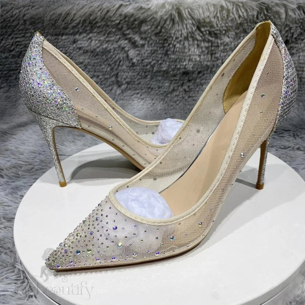 Silver Rhinestone Gauze Pointy Toe High Heel Wedding Party Bridal Shoes