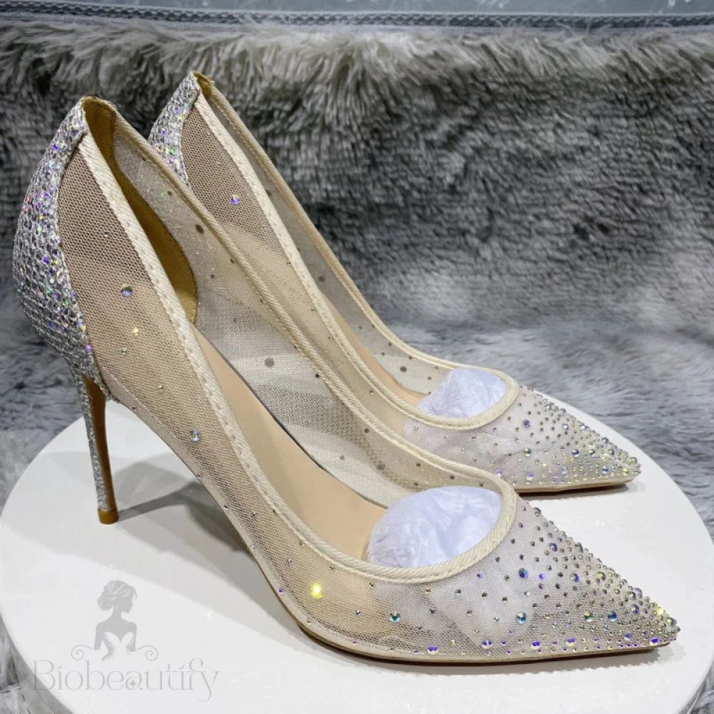 Silver Rhinestone Gauze Pointy Toe High Heel Wedding Party Bridal Shoes