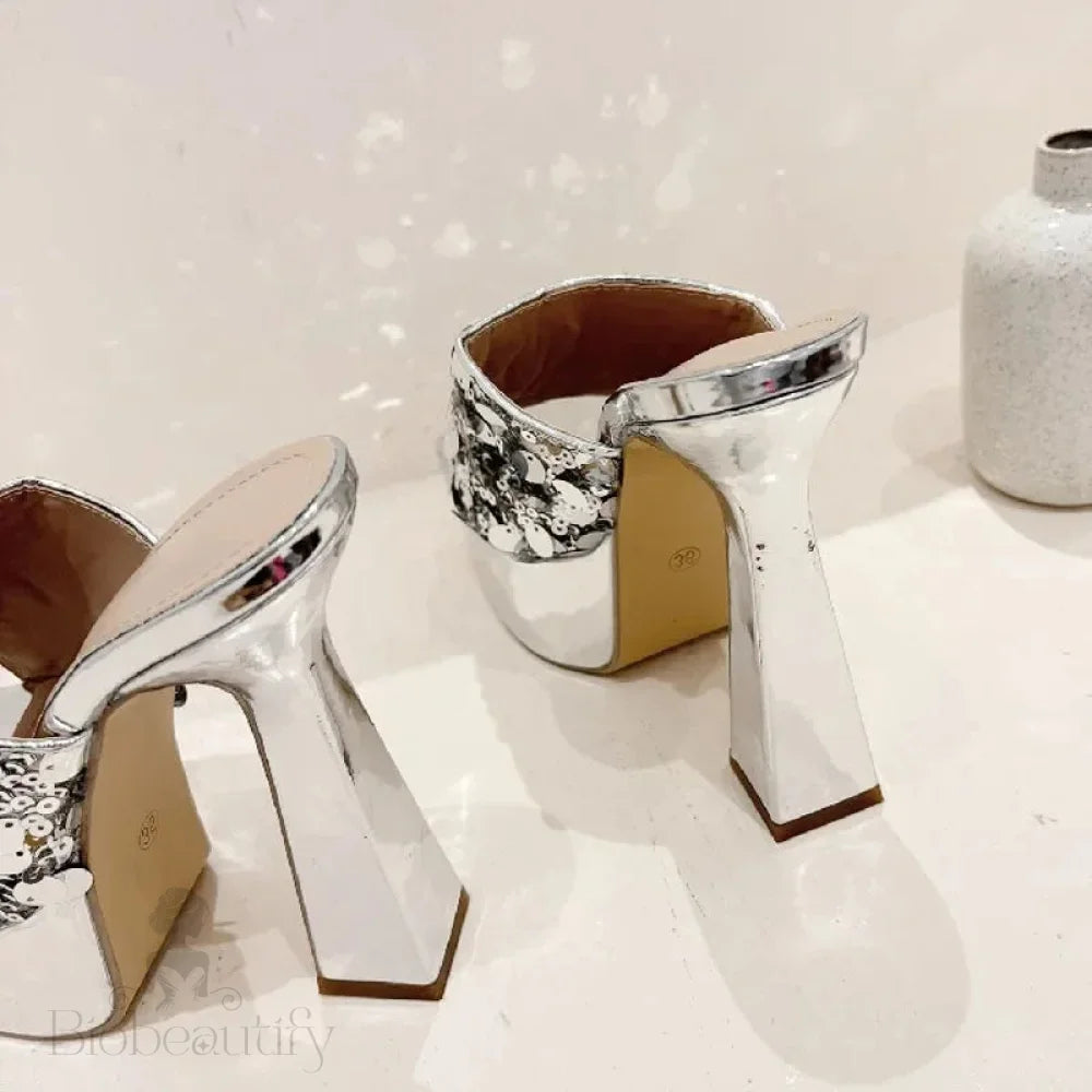 Silver Sequin Cloth Open Toe Platform High Heels Sandals For Women