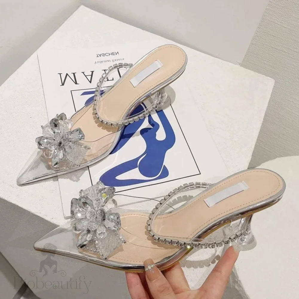 Silver String Bead Crystal Buckle Women Pumps With Pointed Toe And Low Heels / 35