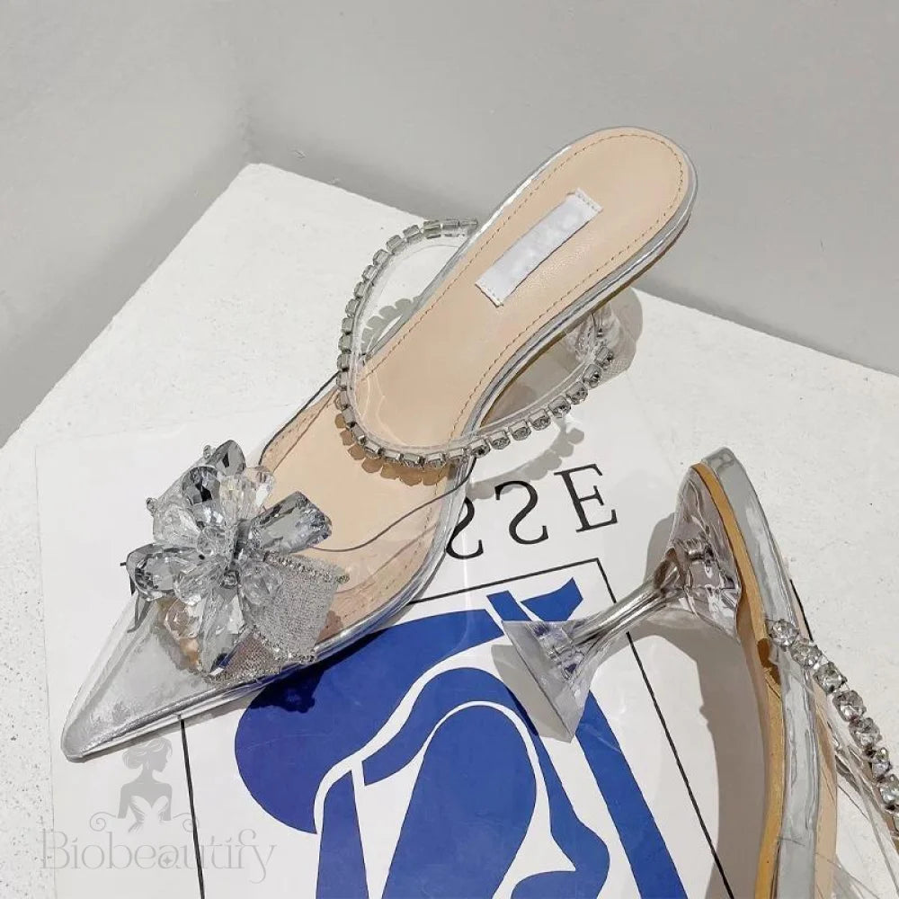 Silver String Bead Crystal Buckle Women Pumps With Pointed Toe And Low Heels