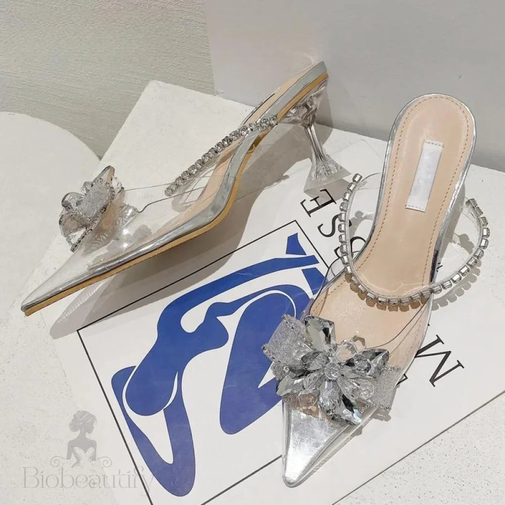 Silver String Bead Crystal Buckle Women Pumps With Pointed Toe And Low Heels