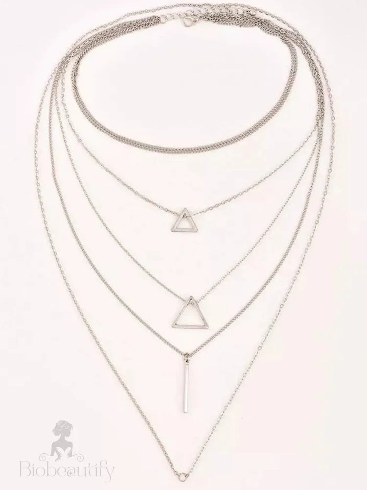 Silver Triangle Layered Necklace Bohemian Style