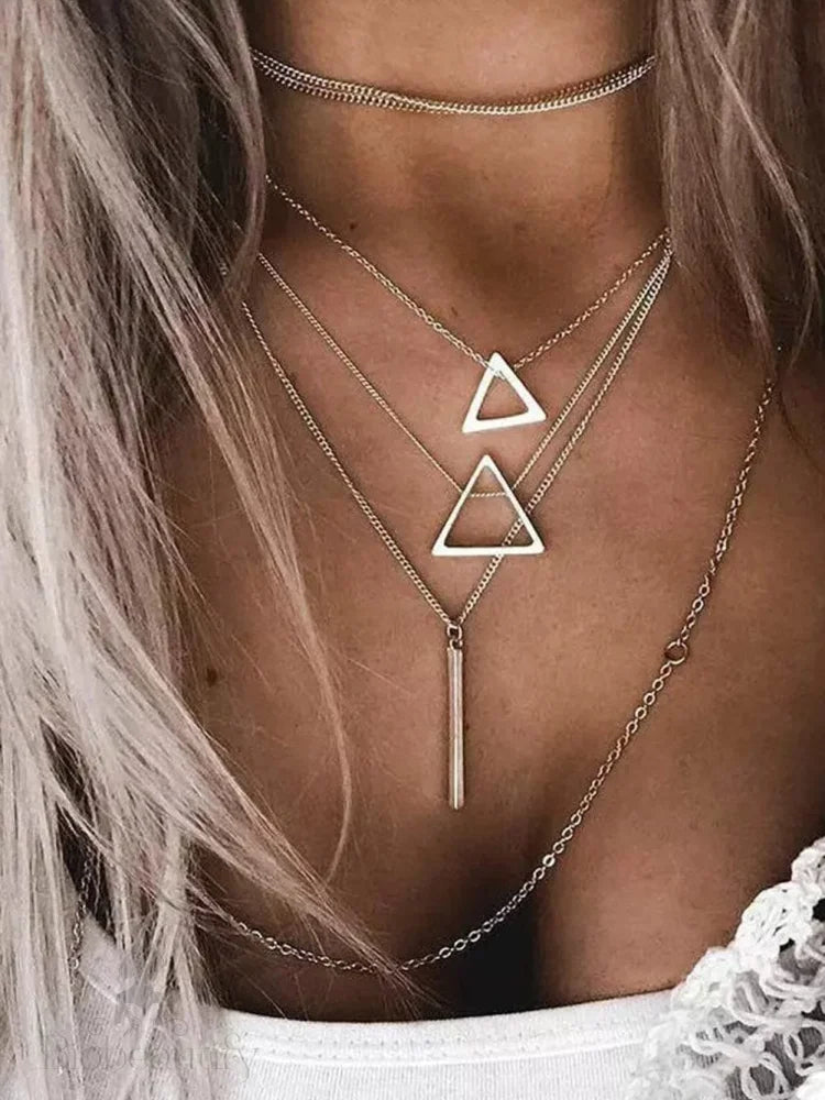 Silver Triangle Layered Necklace Bohemian Style / One Size