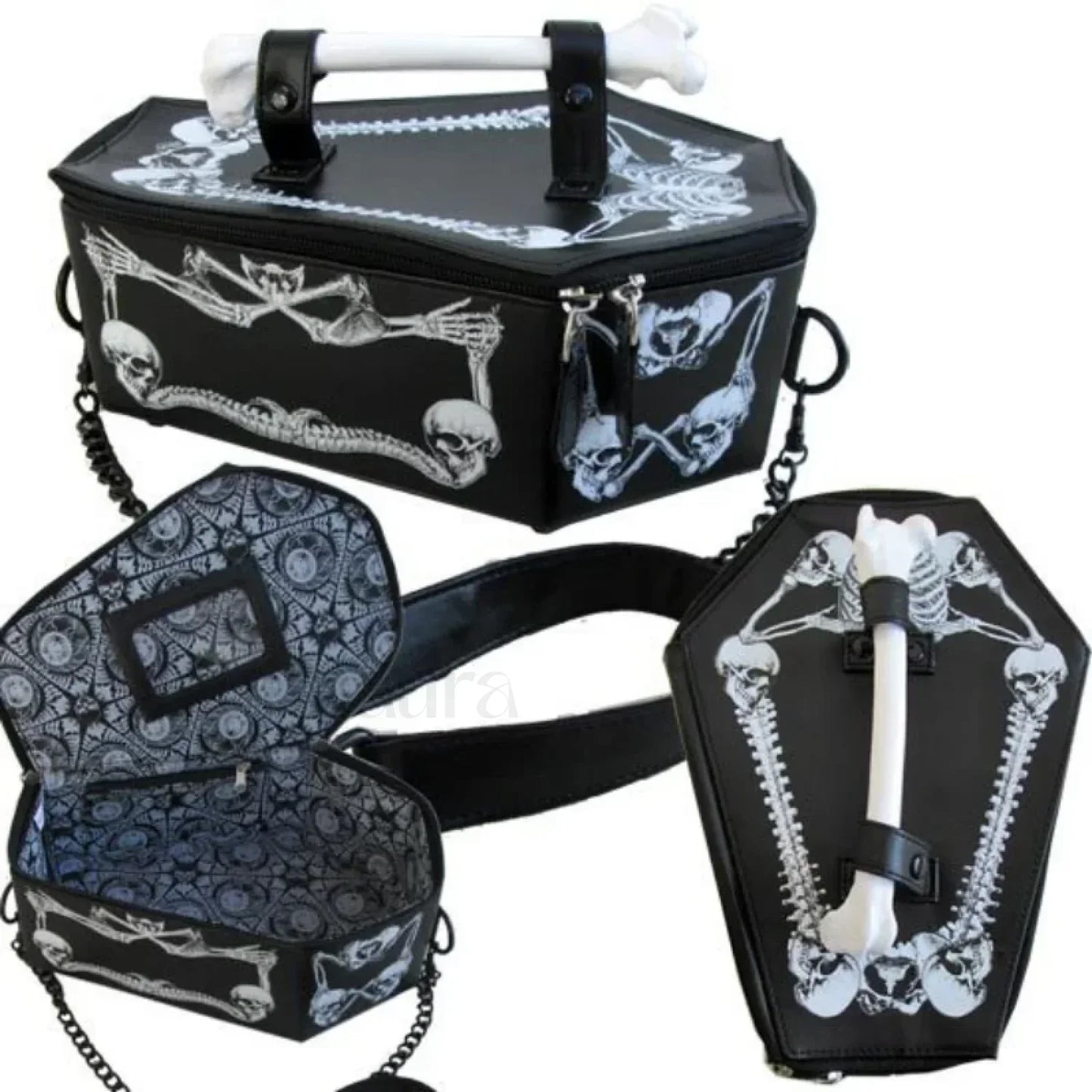 Skeleton Black PU Gothic Crossbody Coffin Leather Bat Bag WHITE