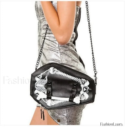 Skeleton Black PU Gothic Crossbody Coffin Leather Bat Bag WHITE