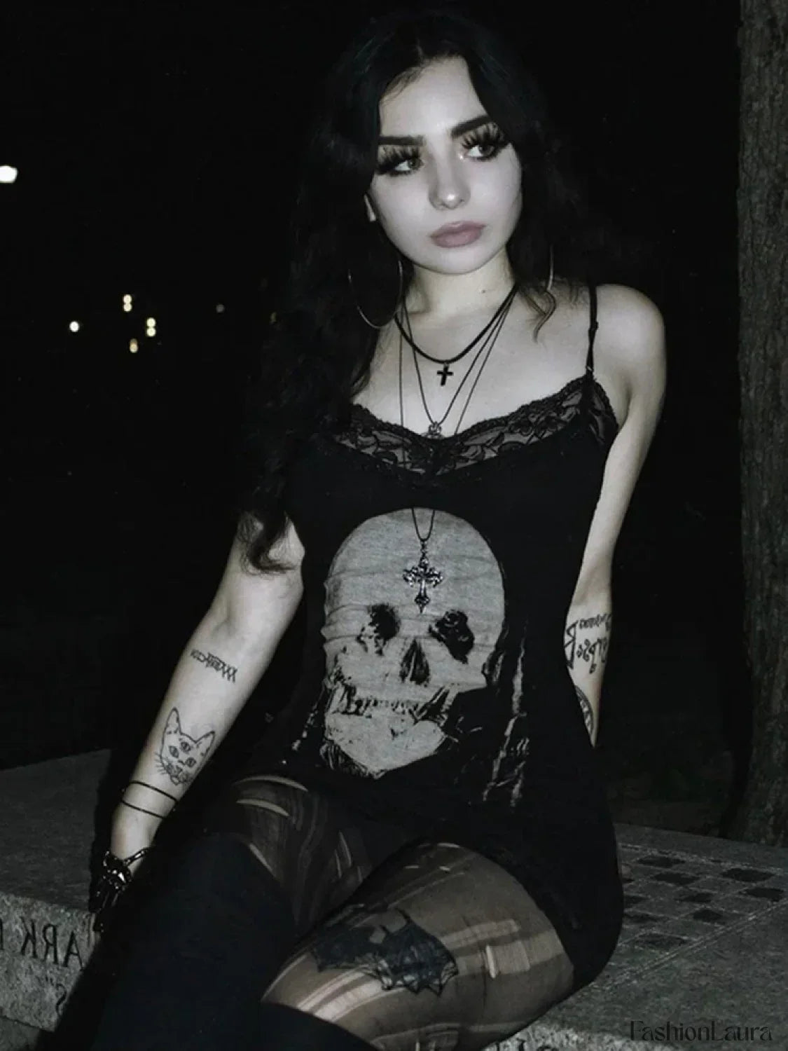 Skull Print Club Party Cami Mini Harajuku Emo Grunge Punk Backless Lace Trim