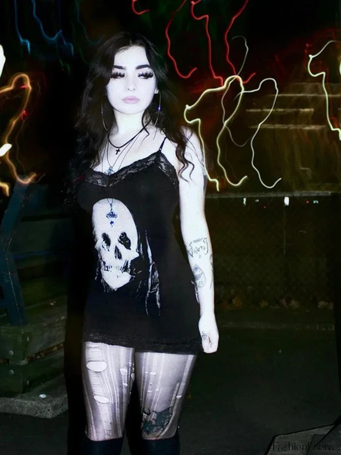 Skull Print Club Party Cami Mini Harajuku Emo Grunge Punk Backless Lace Trim Black / S