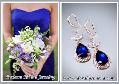 Skye Bridal Earrings With Rose Gold And Sapphire Blue Cubic Zirconia