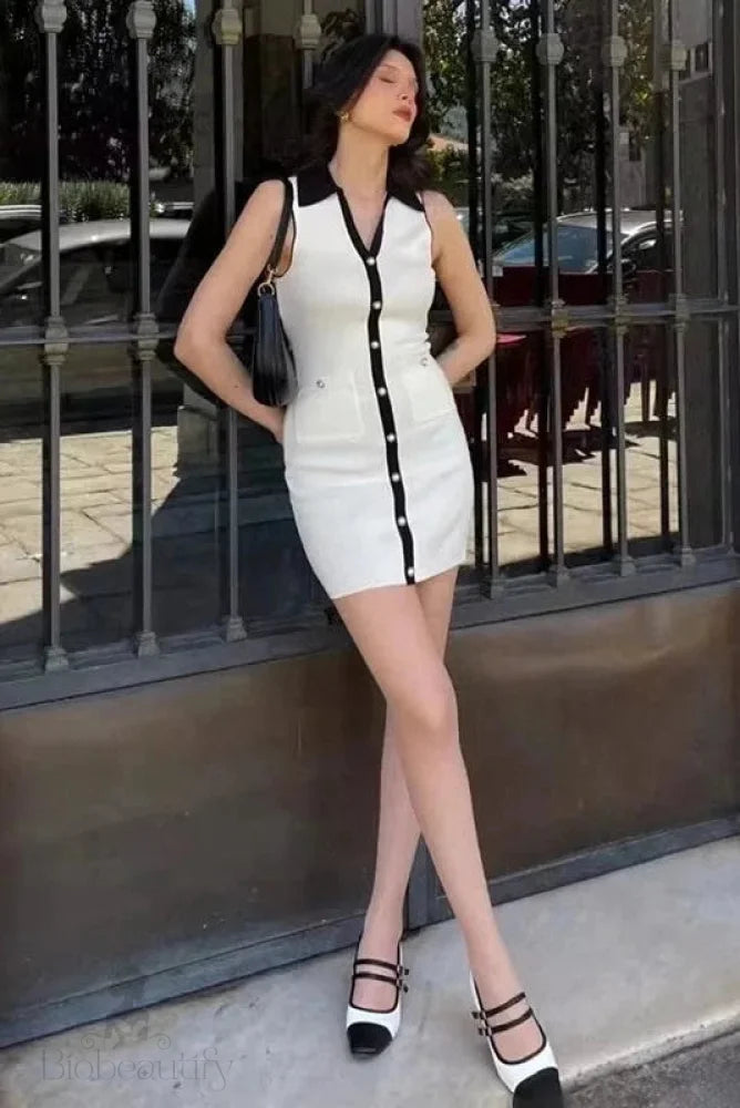 Sleeveless Mini Dress With Elegant Single Breasted Slim Fit