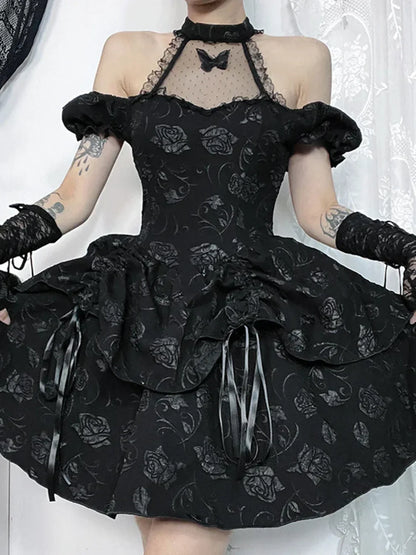 Sleeveless Neck Bow Vintage Backless Cold Shoulder Print Lace Up A Line Swing Dress