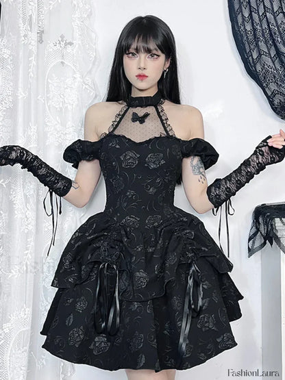 Sleeveless Neck Bow Vintage Backless Cold Shoulder Print Lace Up A Line Swing Dress Black / S