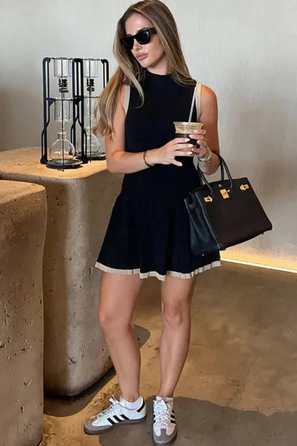 Sleeveless Pleated High Waist Slim Mini Dress